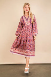 VERY J Floral Printed Boho V-Neck Balloon Sleeve Dress Purple Mix OutfitFlow
